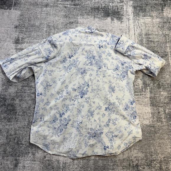 Robert Graham Shirt Men Large White Blue Floral Band Collar Flip Cuff Art Party - Picture 5 of 14